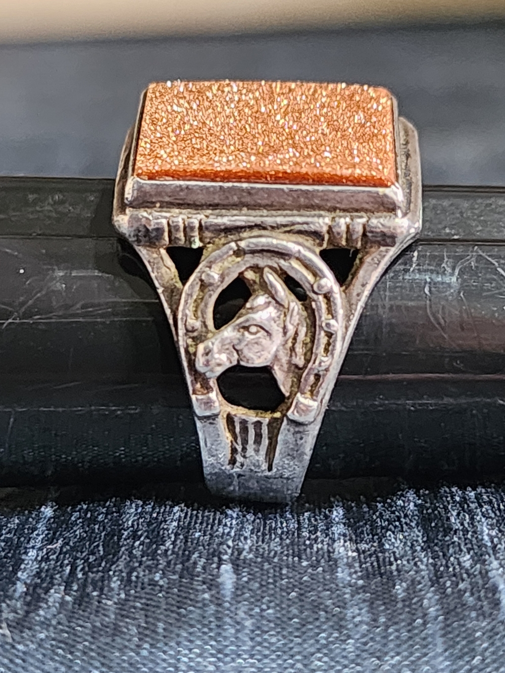 Goldstone Horsehead Sterling Silver Vintage Signet Ring Luck Horse Shoe Head 8.5 - Picture 6 of 8